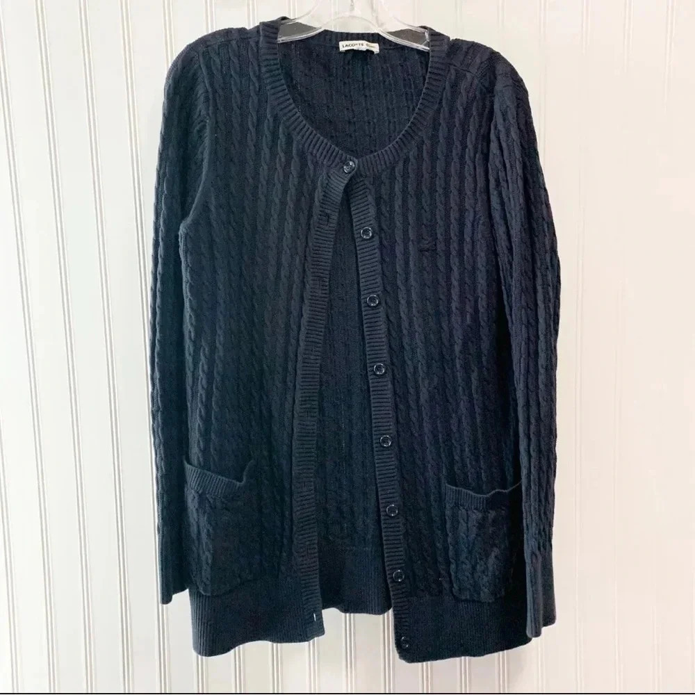 Lacoste Women's Size 10 Blue Front Pockets Long Sleeve Cable Knit Cardigan